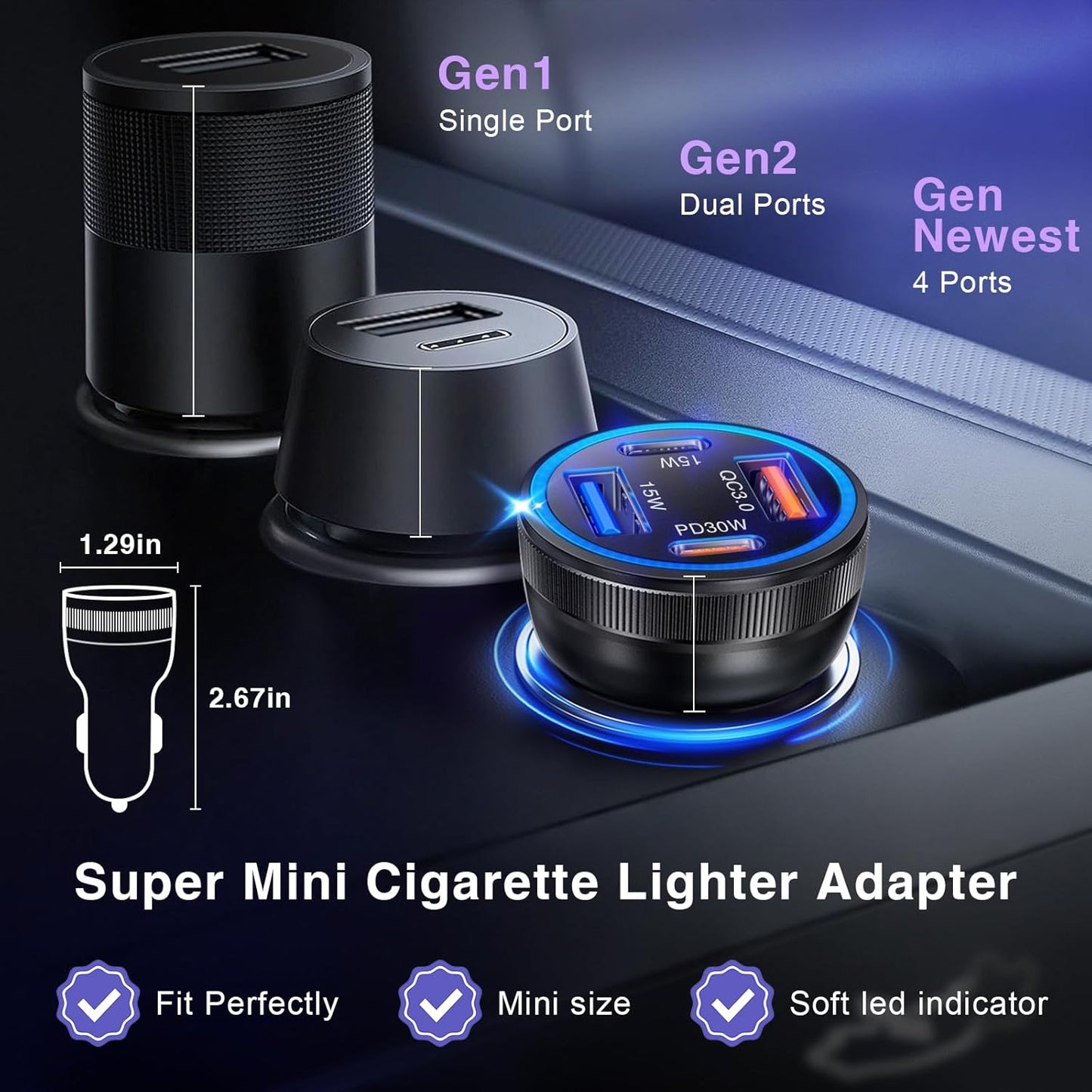 Car Charger, 4-Port 65W Dual USB C & USB-A Cigarette Lighter USB Charger, 2 Pack Multiport Type C Car Charger Adapter Phone Plug Cargador Carro Fast Charging for iPhone 17 16 15, iPad, Galaxy, Tablet