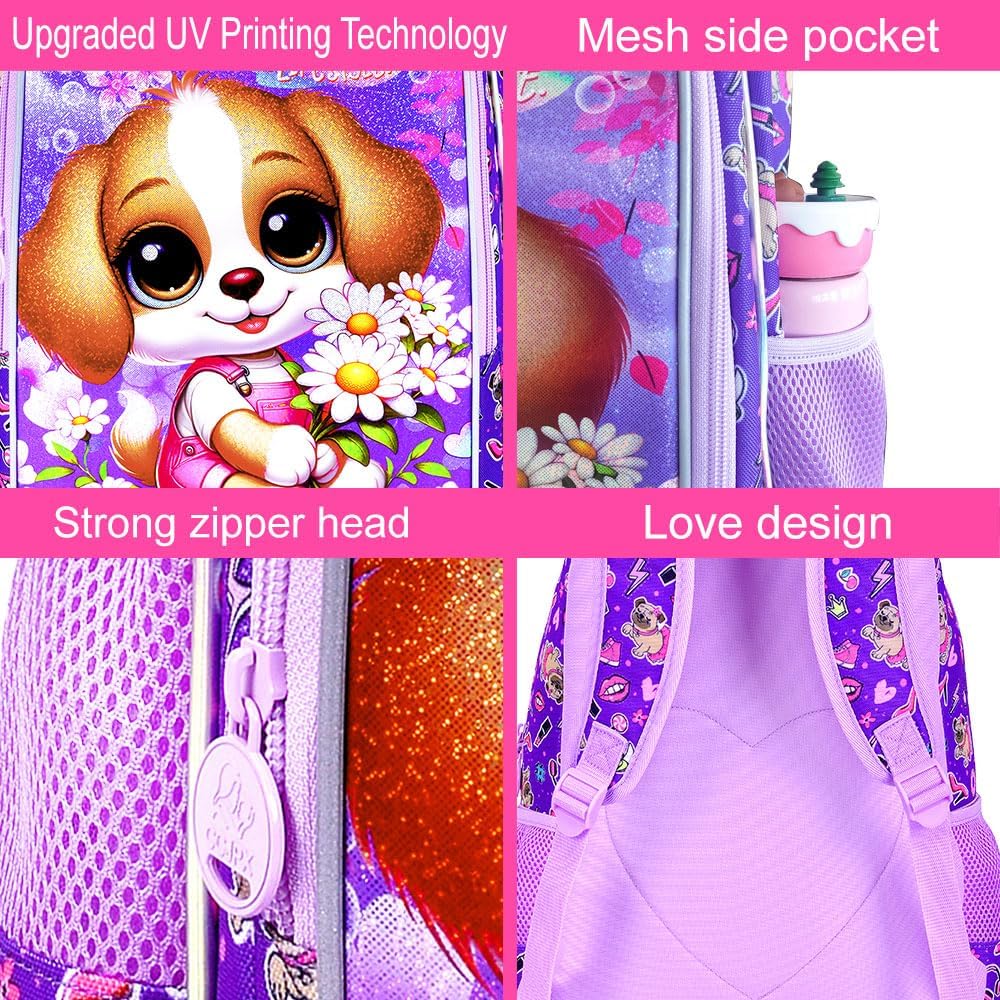 3PCS Girls Dog Backpack, Water Resistant Kids Bookbag Set with Lunch Box, Cute School Bag for Preschool Toddler