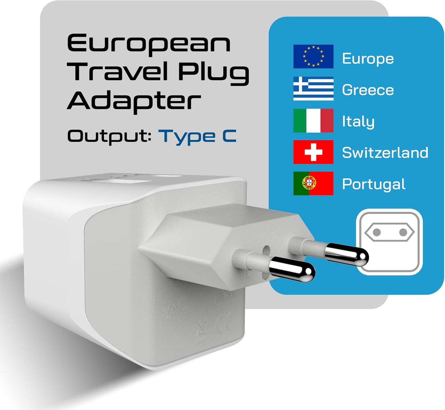 Ceptics European Travel Plug Adapter – Compact Type C & F Adapter with USB-C & A + USA Input – Safe Grounded Schuko Adapter – Travel Charger for France, Germany & More – CTU-9-9C-PK