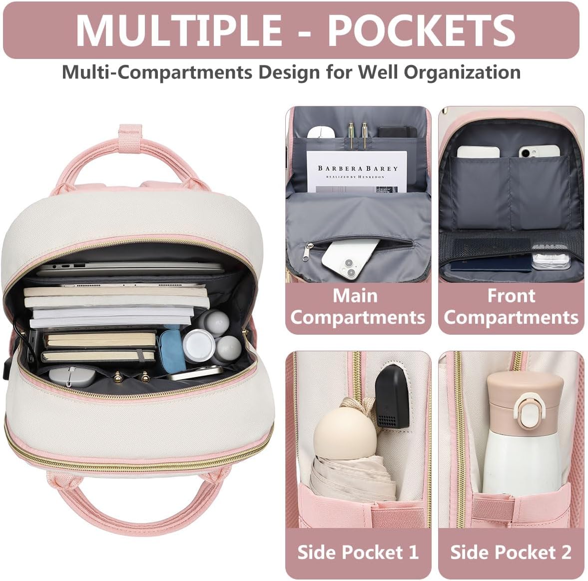 Backpack for Women Laptop Bag: Work Travel Backpacks Fits 17 inch Computer Waterproof College Bookbag with USB Charger Anti-theft Business Casual Backpack Purse for Nurse Teacher Beige Pink