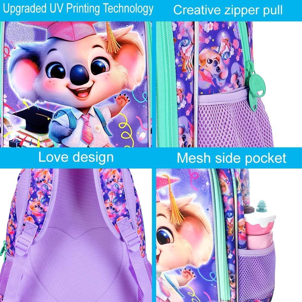 3PCS Koala Bookbag for Girls, 16" Kids Backpack with Lunch Box, Water Resistant Elementary Prechool Toddler Shool Bag - Purple Dr. Koala
