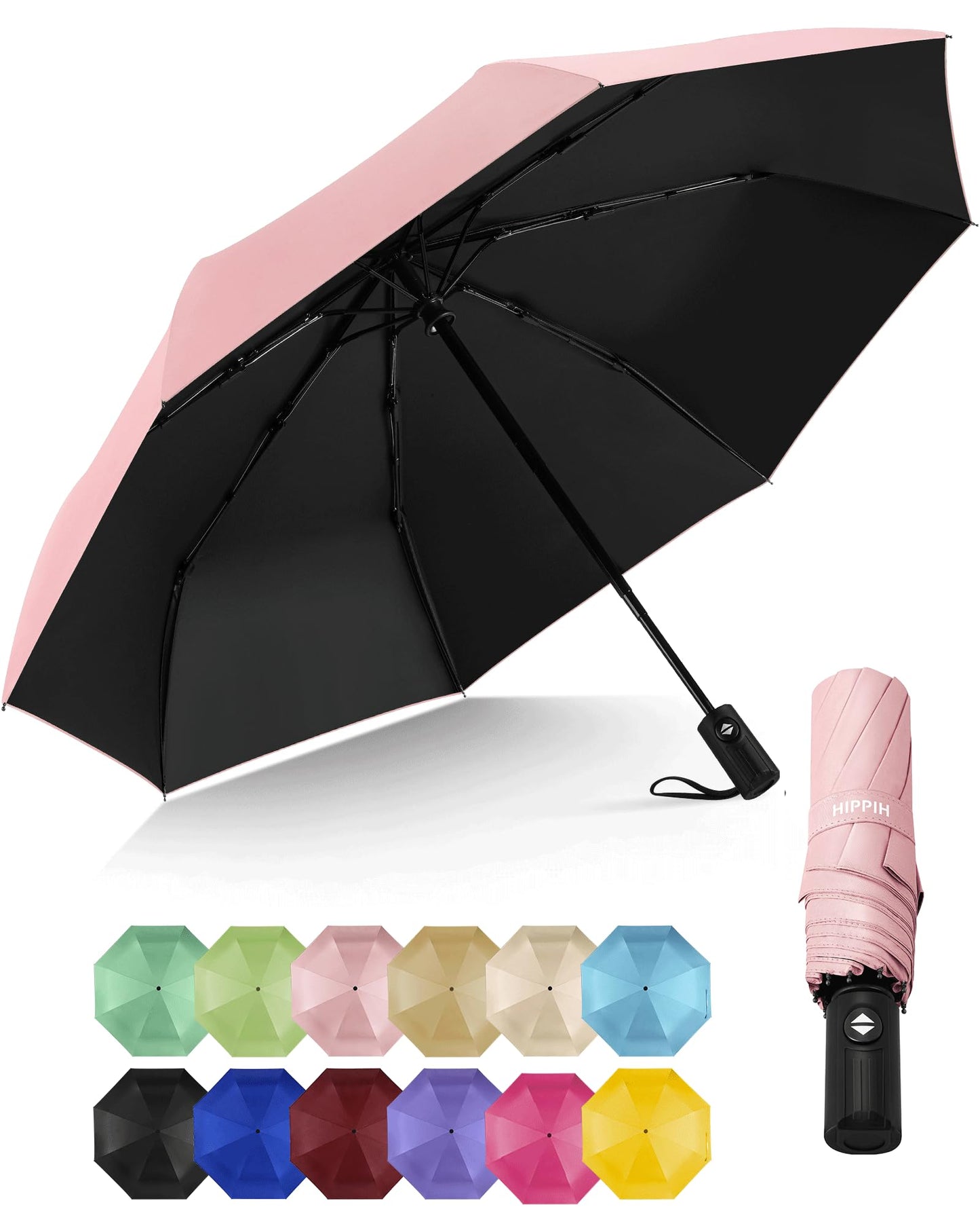 HIPPIH Compact Travel Umbrella for Rain - Windproof Automatic Umbrellas, UV Umbrella for Sun