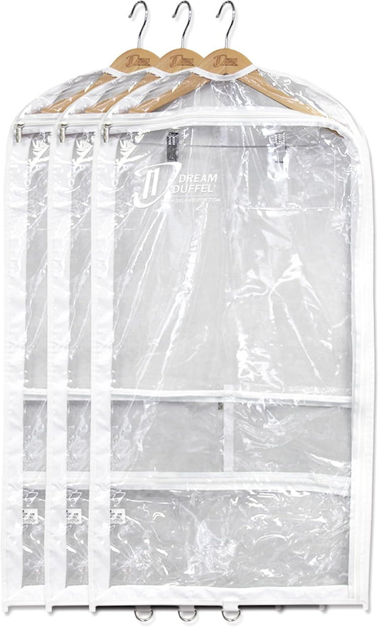 Clear Garment Bags for Dance Costumes 3-Pack, Gusseted, Regular-Size, Side Zipper Entry, Storage Pockets for Accessories, 37”x18”x3”, Dream Duffel