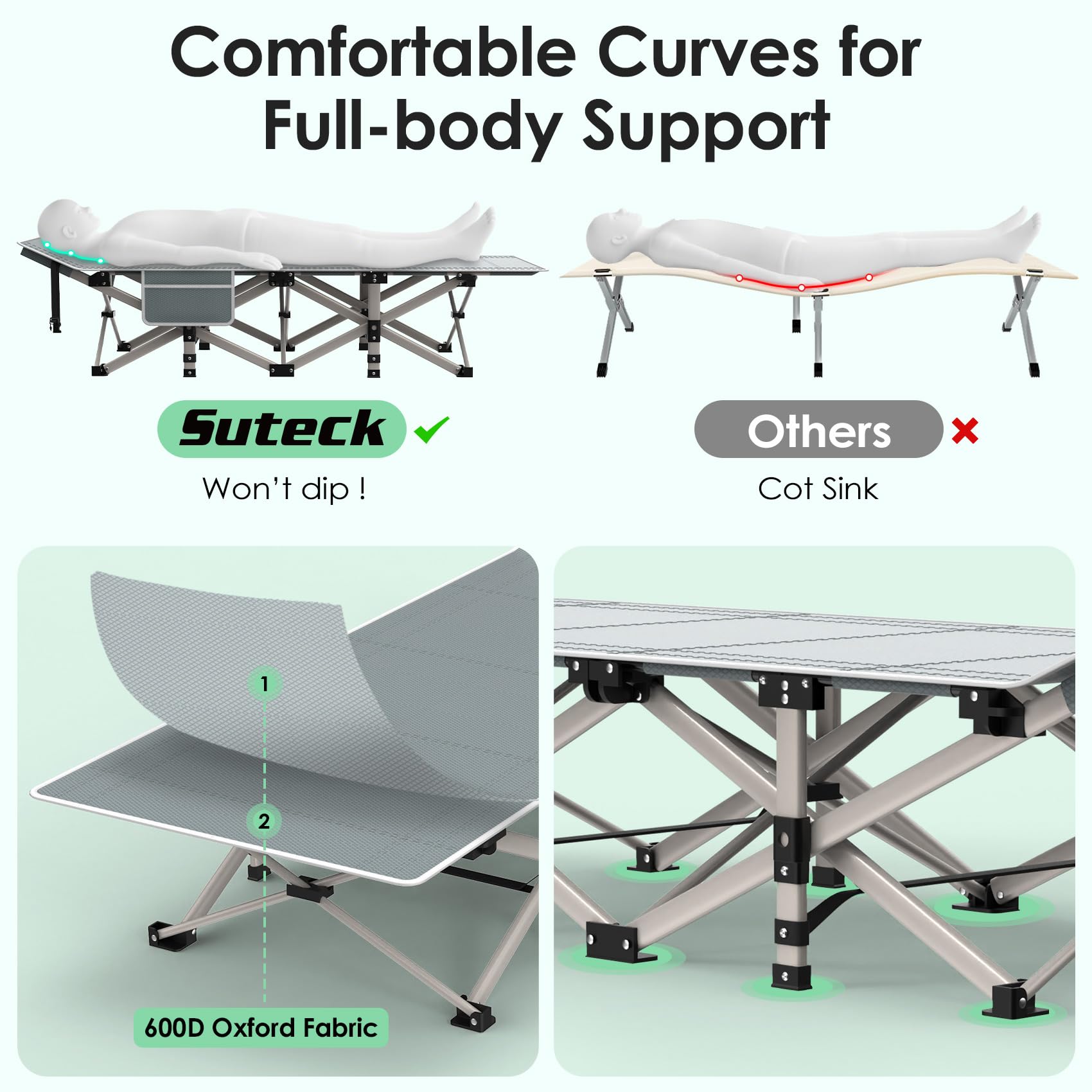 Suteck Camping Cot, Folding Camp Bed for Adults with Soft Thicker Cushion