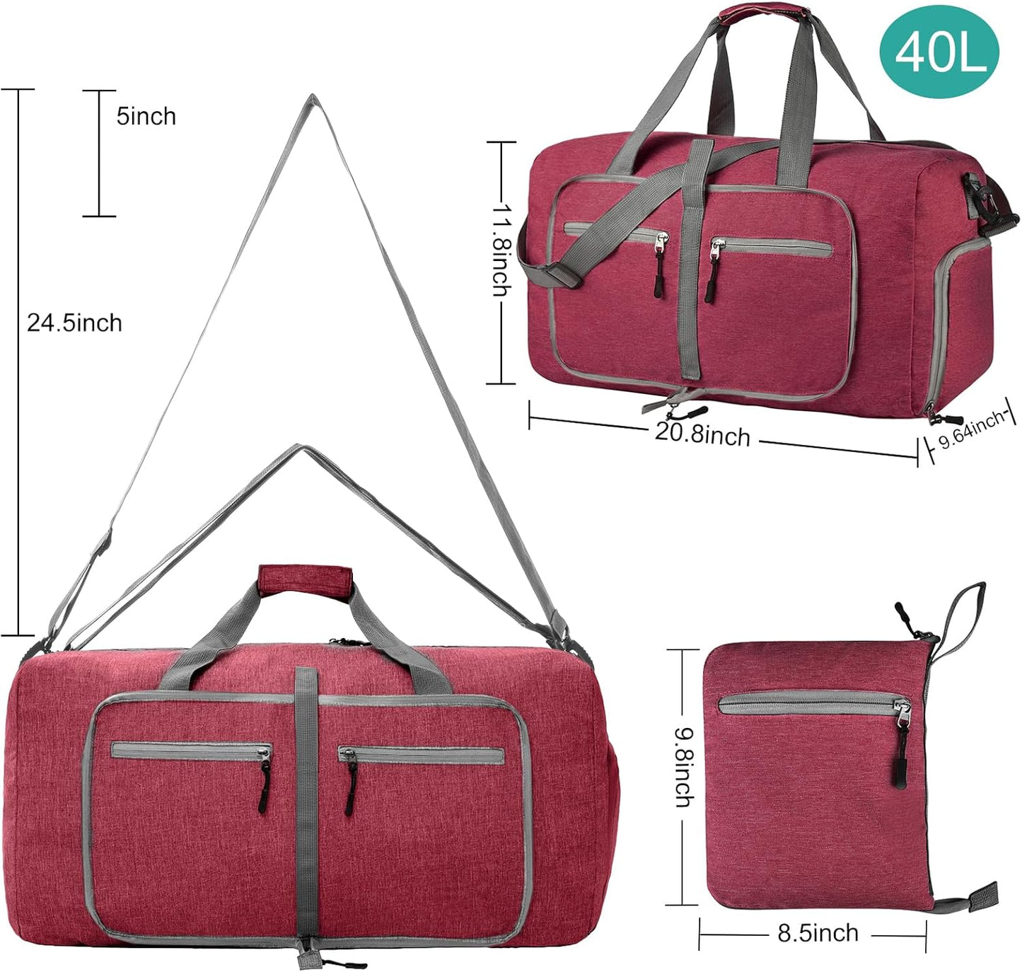 Dimayar 40L Travel Duffle Bag for Men Women - Foldable Duffel Bag with Shoes Compartment - Overnight Bags Waterproof & Tear Resistant(Red)