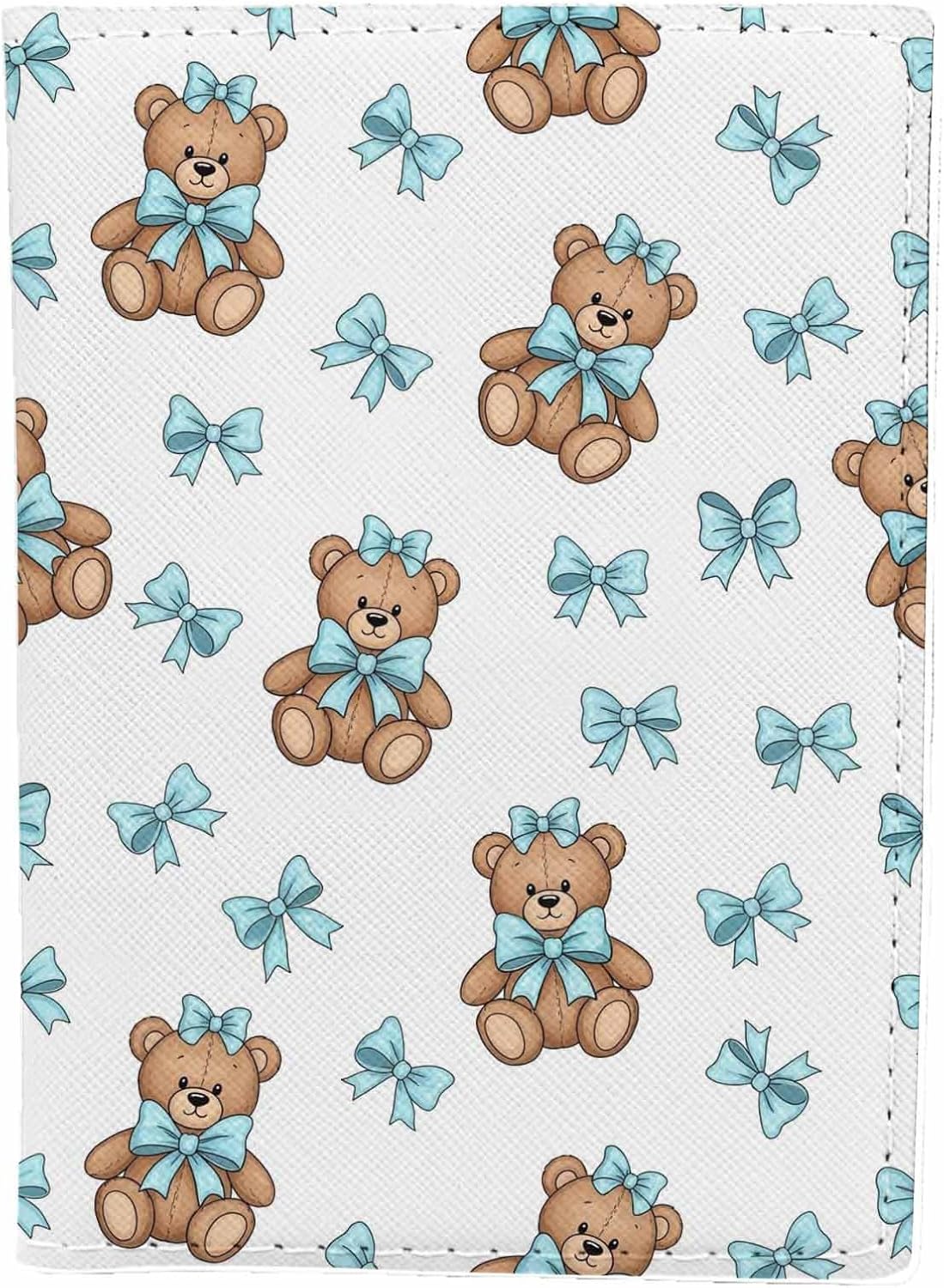 Teddy Bear Passport Holder for Travel Rag Doll with Blue Bow PU Leather Passport Cover Wallet Cute Passport Card Holder for Women and Men