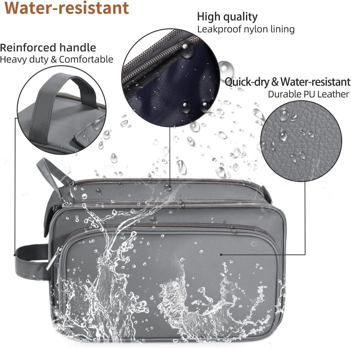 Buruis Extra Large Toiletry Bag for Men, Travel Toiletry Organizer Dopp Kit Water-resistant Shaving Bags, PU Leather Cosmetic Bathroom Shower Bag for Toiletries, Grooming, Accessories (Grey)