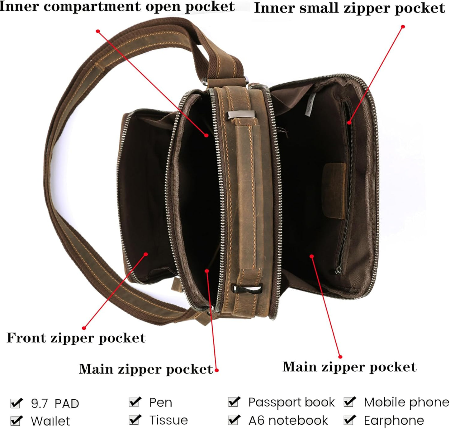 KPYWZER Genuine Leather Shoulder Bag Small Men Messenger Pack Handbag Sling Crossbody Bag Man Purse