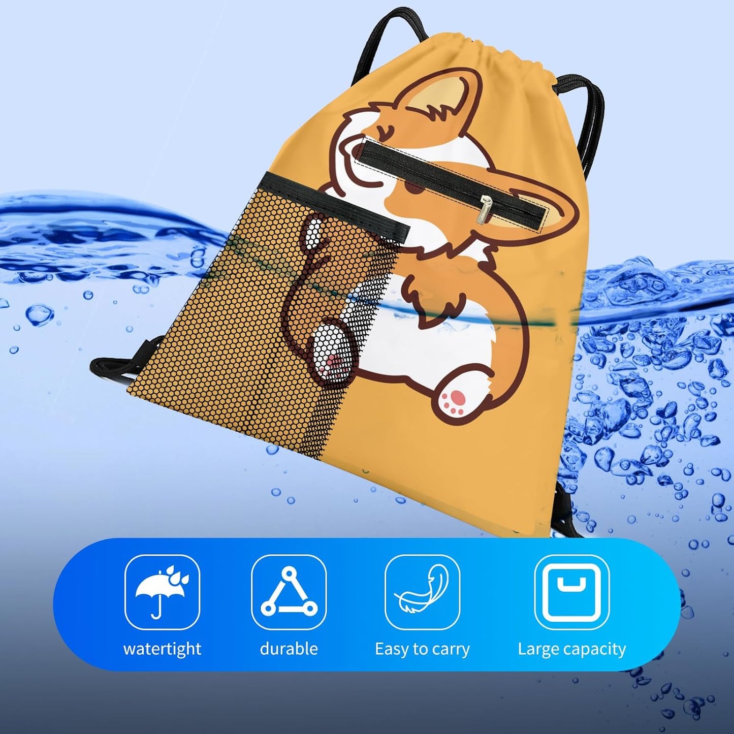 Drawstring Backpack Sports Gym Bag, Large String Swim Bag for Beach With Water Bottle Mesh Pocket, Cute Gym Sack with Zipper Pocket for Men Women Cute Yellow Corgi