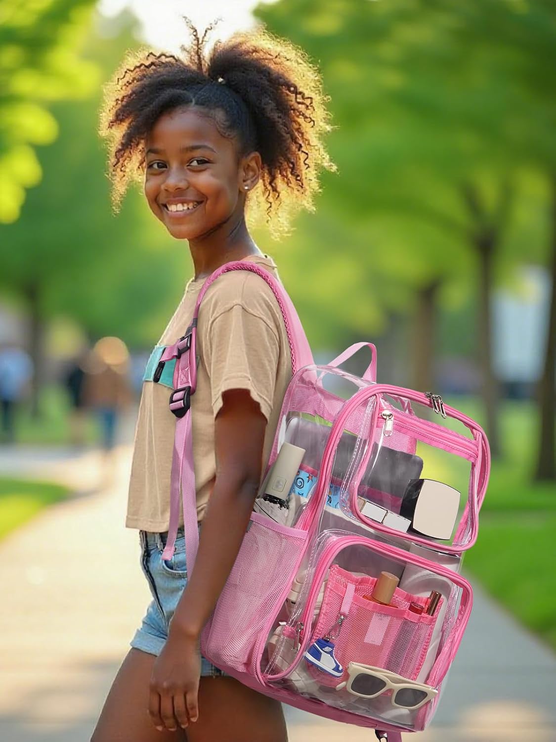 Heavy Duty Clear Backpack For Kids Women Men Boys Girls, 17 Inch Large See Through Backpack, Clear Bookbag With An Extra Pouch Accessories, Transparent Bag For School College Sport Travel, Pink