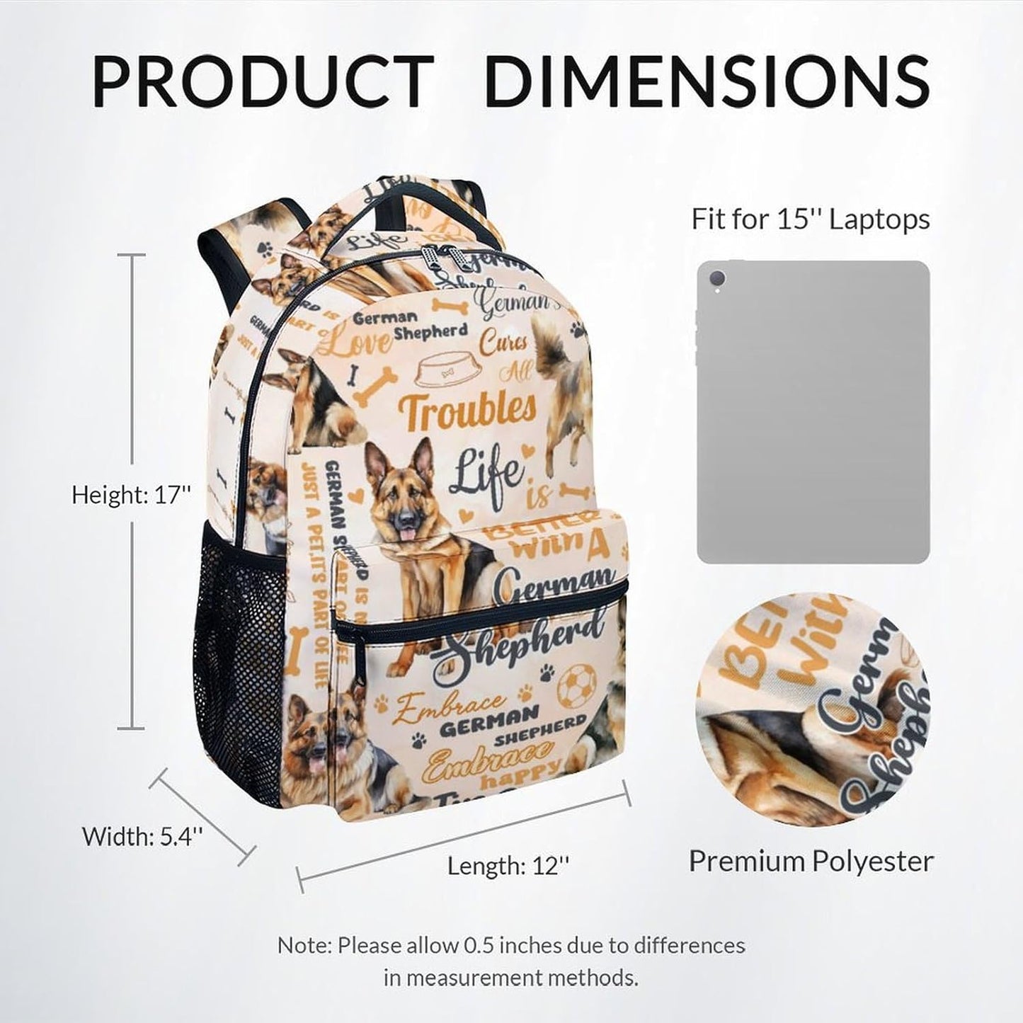Mercuryelf School Backpack for Girls - Cute Dog Backpacks for Kids - German Shepherd School Bag for Boys - 17 Inch Bookbag for School, Travel
