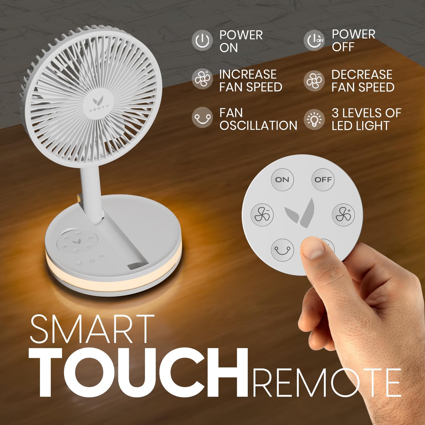 VENTY Portable Fan - Wireless Battery Operated Fan - 4 Speeds - LED Lighting - Carry Case & Remote