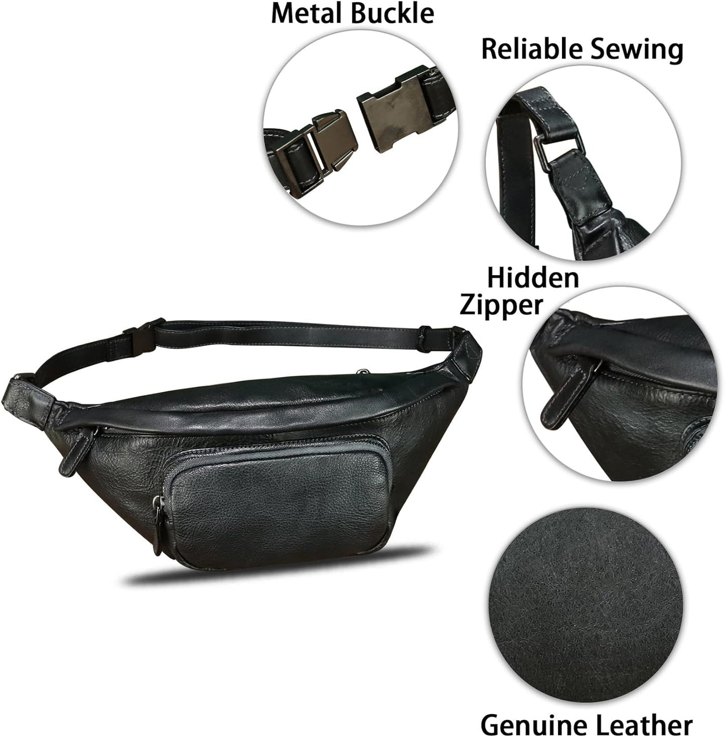 Genuine Leather Fanny Pack for Women and Men Real Leather Crossbody Sling Bag Fashion Waist Bag Chest Purse Pouch (Black)