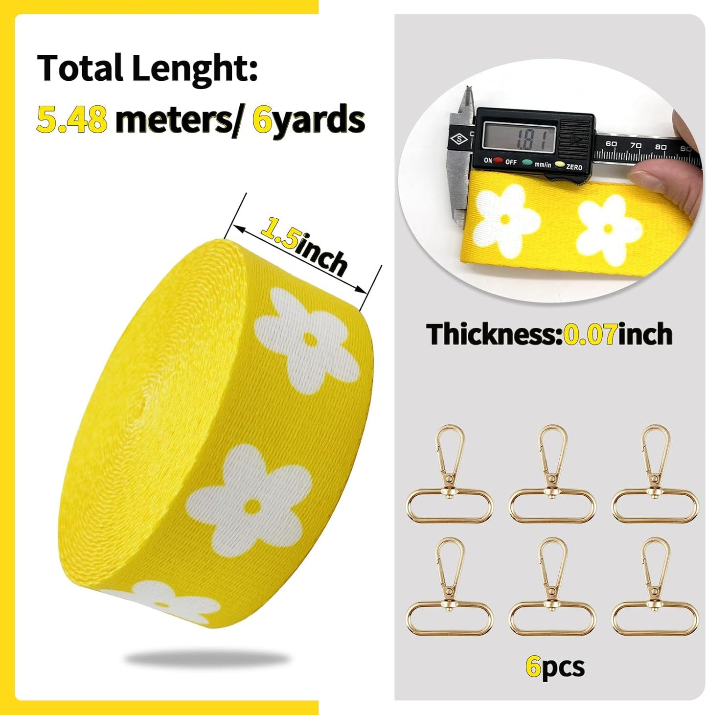 1.5 inch Nylon Webbing Straps for Bags with Buckle 1 1/2 inch 6 Yards Yellow Flower Heavy Duty Patterned Fabric Webbing Luggage Handle for Backpack-Decorative Supplies-Clothing-Sewing-DIY Crafts