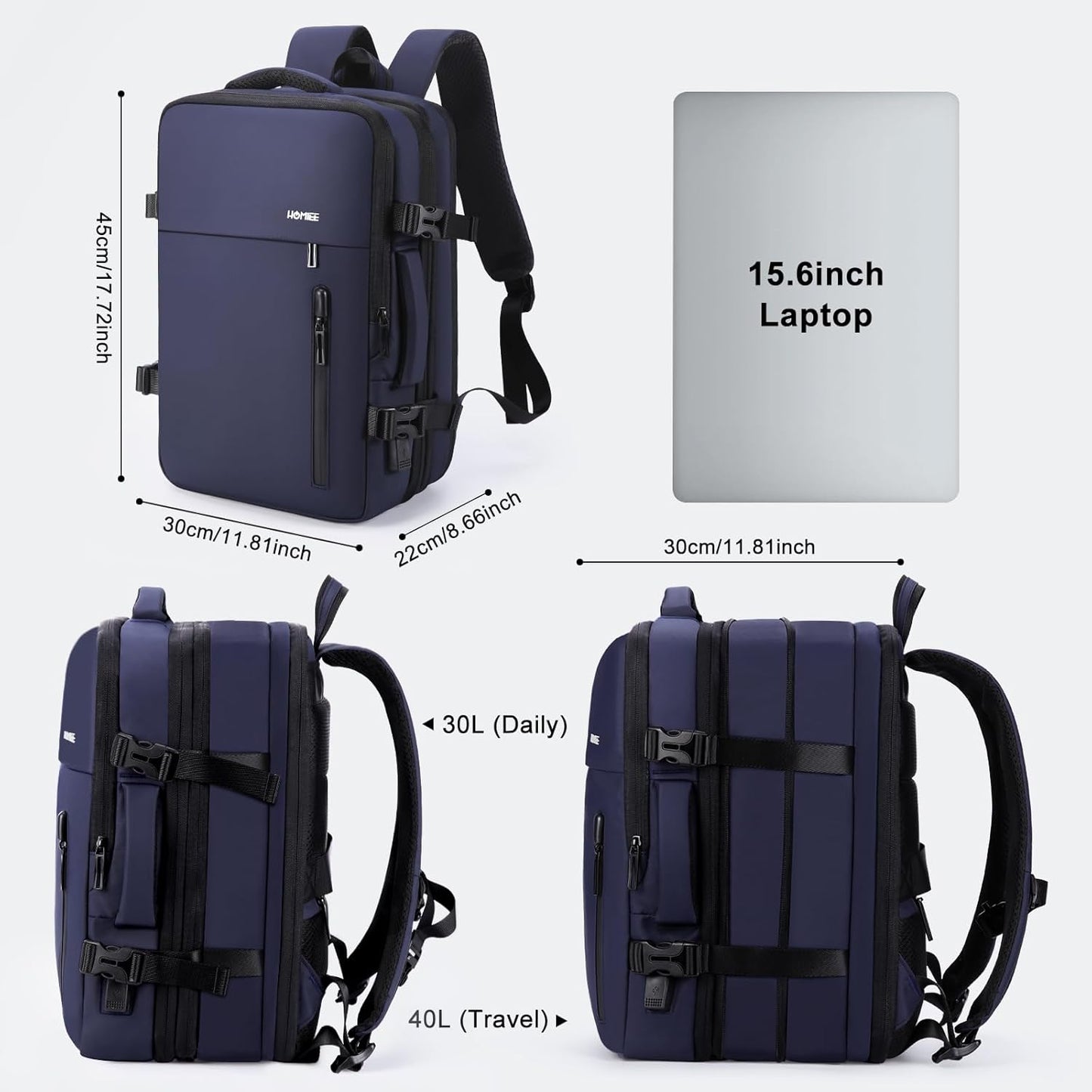 HOMIEE Carry on Backpack Extra Large Travel Bag, Expandable Hand Luggage Suitcase Anti-Theft Business Backpack, Water Resistant Lightweight Weekender Bag, Blue