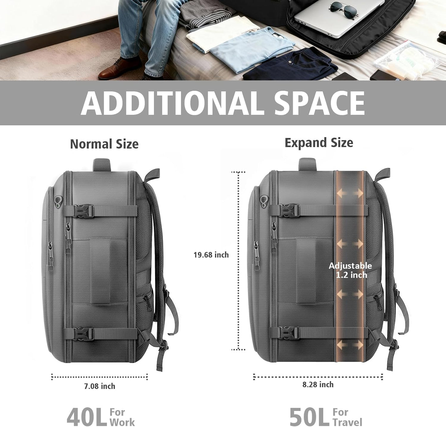 Travel Backpack, Extra Large 50L Flight Approved Carry on Backpack, Expandable Waterproof Business Suitcase Daypack Big Bag Fits 18.4 Inch Laptop, Grey