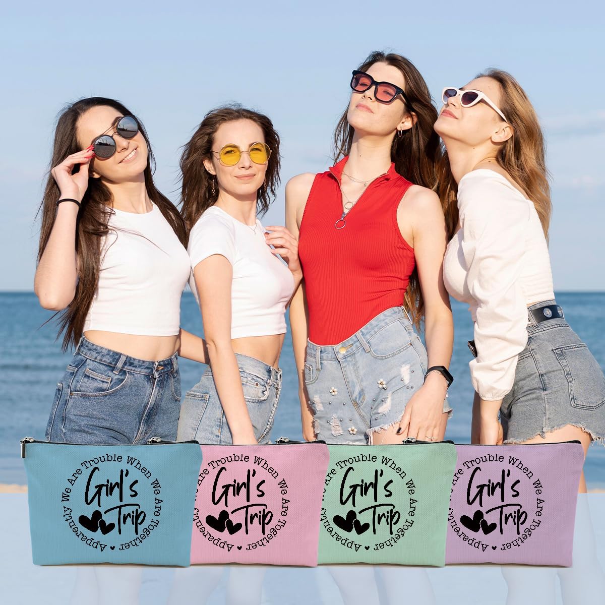 4Pcs Girls Trip Gifts Favors, 2025 Girls Weekend Gifts Funny Makeup Bag, Bestie Gifts Weekend Bag Vacation Cosmetic Bag, Friendship Gifts for Women Friend BFF, Graduation Wedding Gifts Toiletry Bag