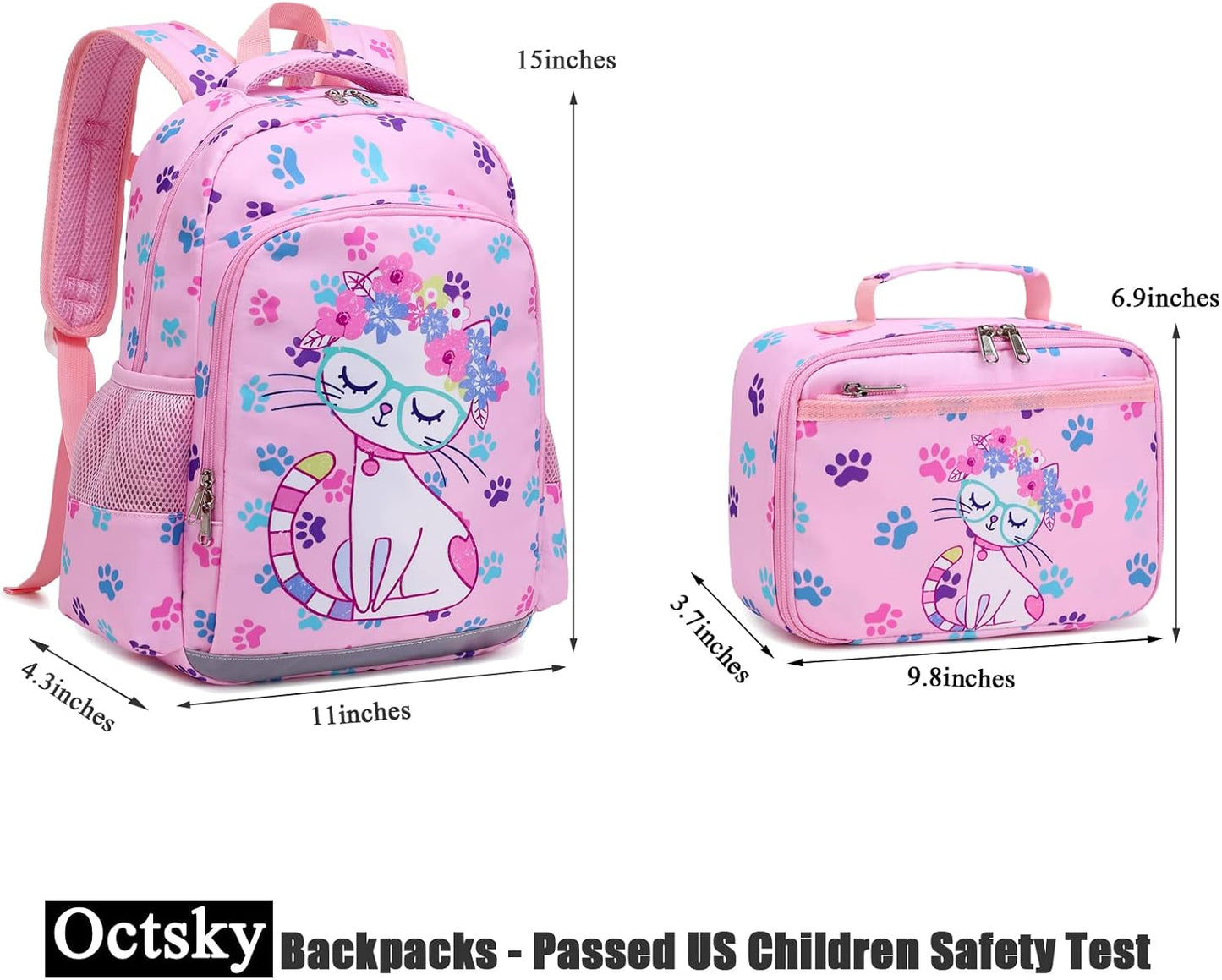 Octsky Backpack for Girls Kids School Backpacks with Lunch Box Preschool Kindergarten BookBag Set With Chest Strap Cat Pink