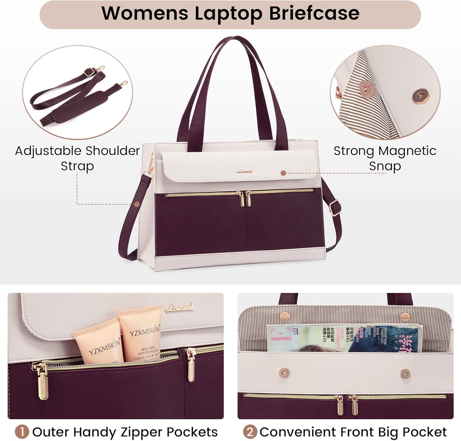 LOVEVOOK Laptop Bag Women 15.6 Inch Laptop Tote Professional Leather Computer Briefcase Waterproof