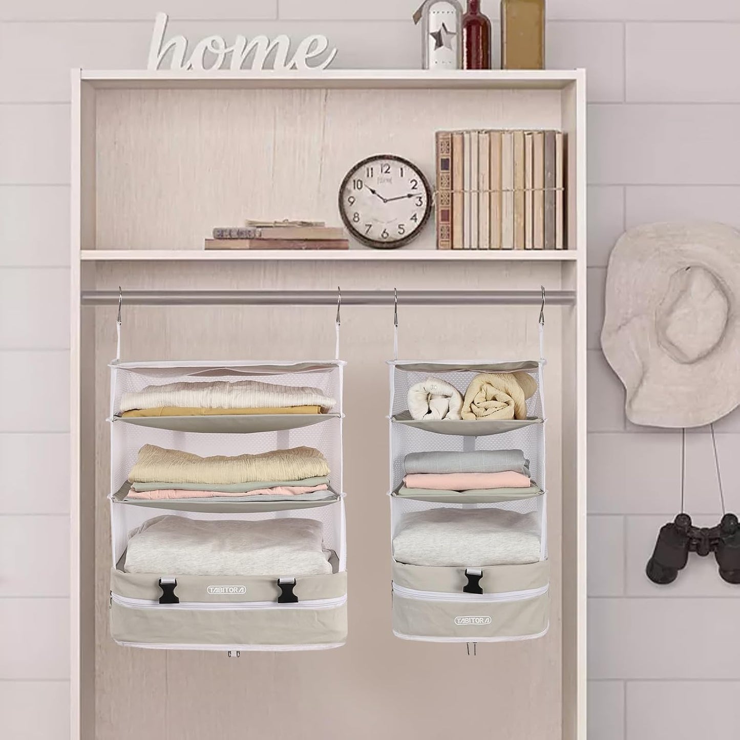 TABITORA Portable Hanging Travel Shelves Bag Packing Cube Organizer Suitcase Storage Large Capacity (Cream white L)