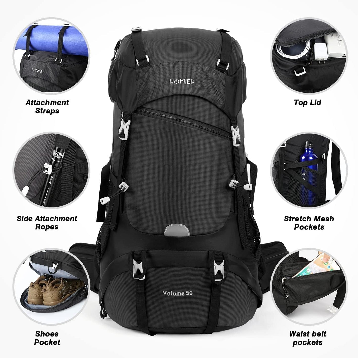 HOMIEE 50L Hiking Backpack Travel Bag Waterproof Camping Rucksack with Rain Cover Lightweight Backpacking Backpack