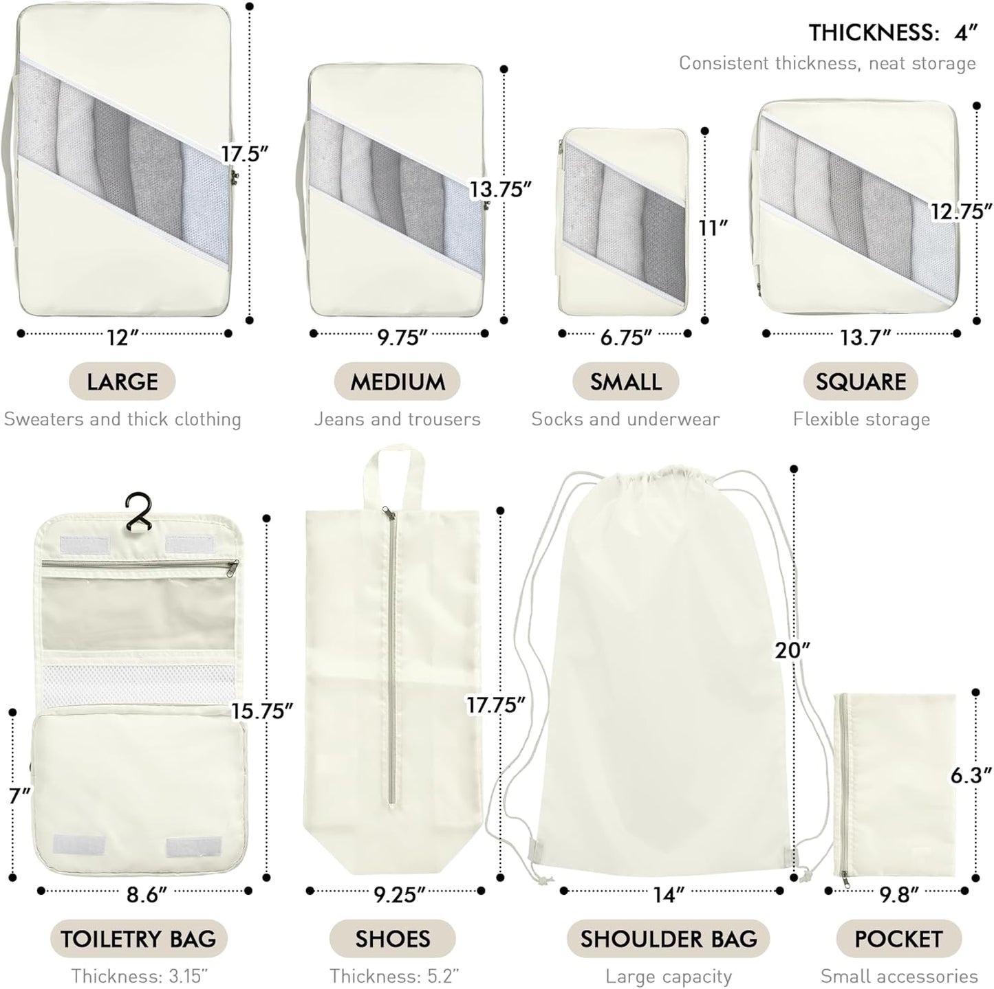 WVM Packing Cubes for Travel, 8-Piece Luggage Organizer Set with Shoe Bag, Toiletry Bag & Laundry Bag, Beige