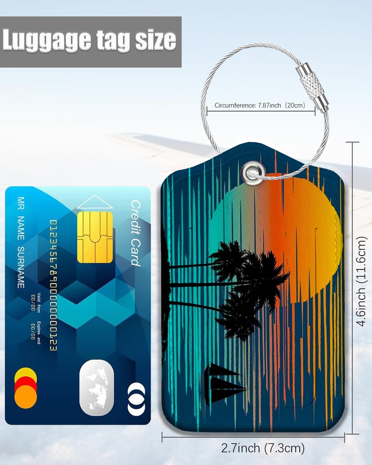 2 Pack Luggage Tags for Suitcase, Leather Suitcase Tags Cruise Ship with Privacy Cover and Double Metal Loop for Women Men Girls Boys Travel Baggage Bag Backpack Tags,Sunset Palm Tree