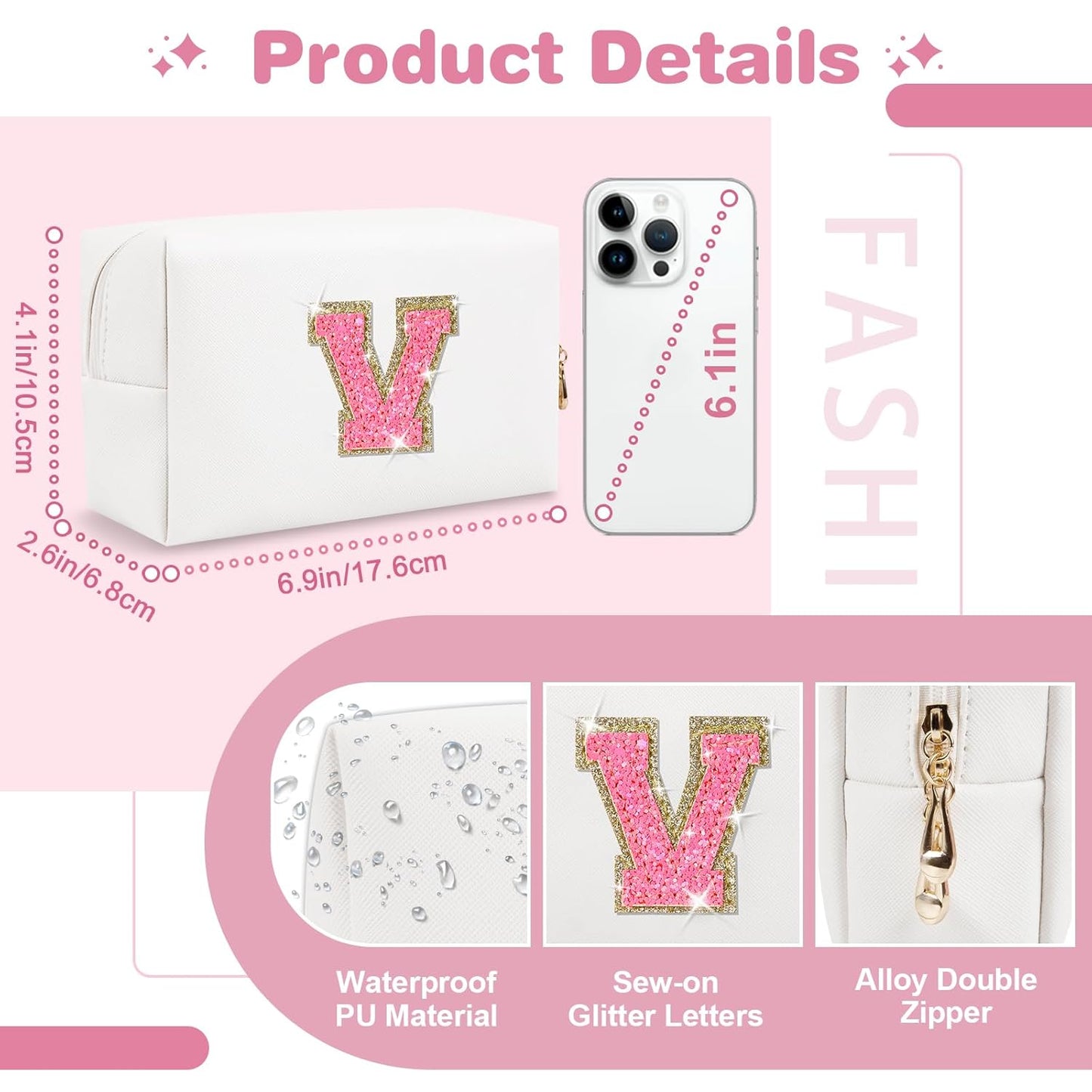 Small Personalized Initial A-Z Patch Makeup Bag,White Cute PU Leather Glitter Letter Cosmetic Bag for Teen Girls,Travel Toiletry Bag with Zipper,Preppy Monogrammed Birthday Gift for Daughter Niece V