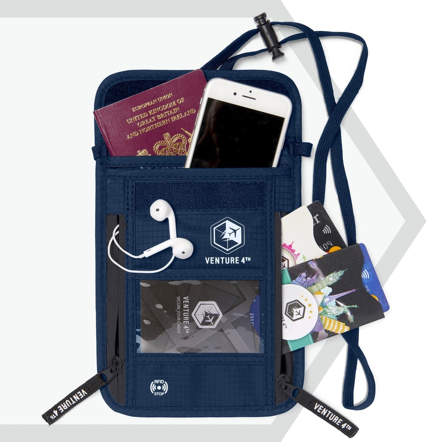 VENTURE 4TH Neck Wallet, RFID Blocking Passport Holder for Travel – Hidden Neck Pouch with 6 Compartments, Slim Lightweight Organizer with Adjustable Strap for Cash, Cards & Passport (Navy Blue)