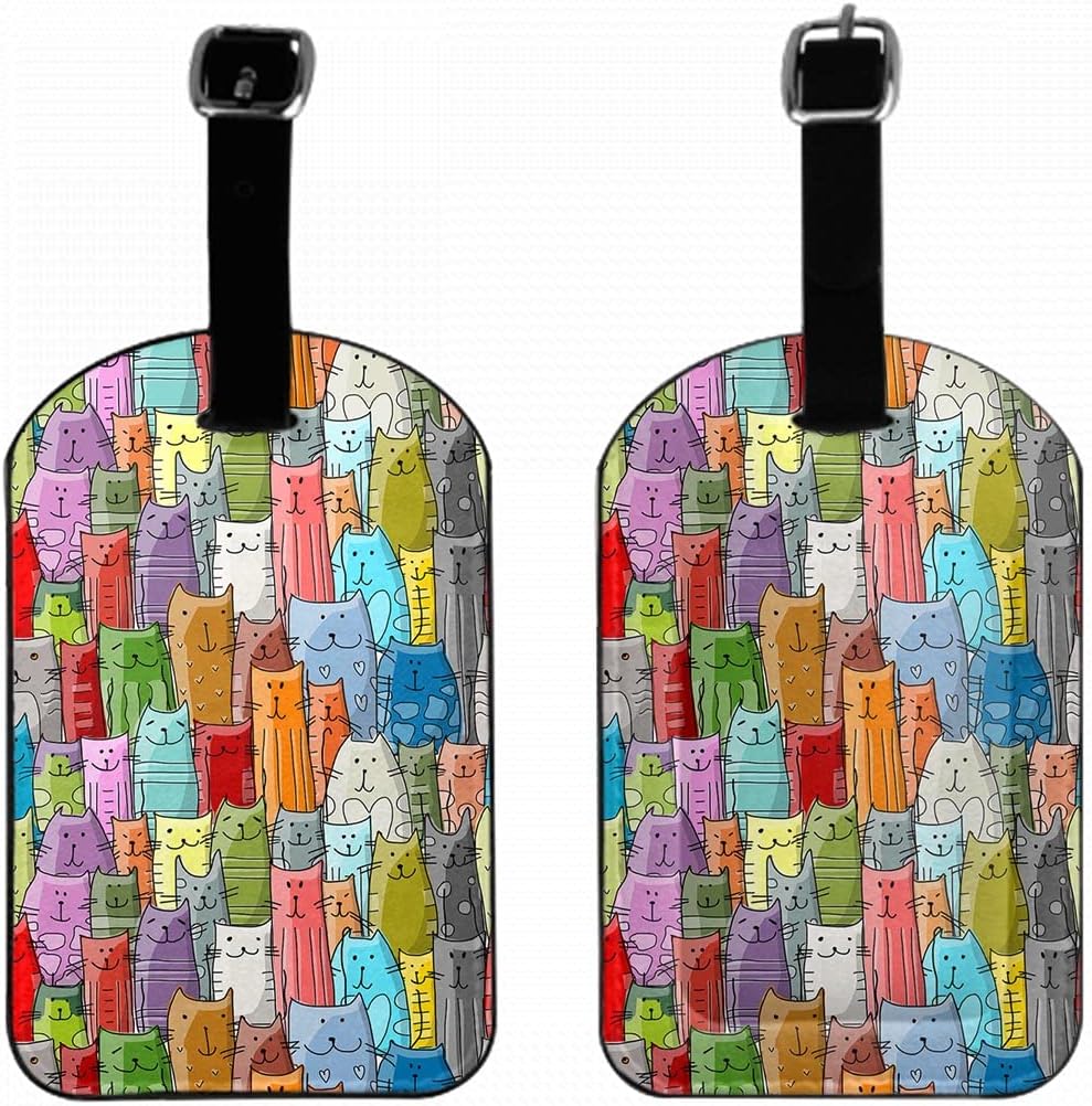 Funny Cats Family Travel Bag Tag Cartoon Seamless Animal Feline Doodle Repeat Design PU Leather Name ID Labels with Privacy Cover for Men Women Suitcase, 1 Pack