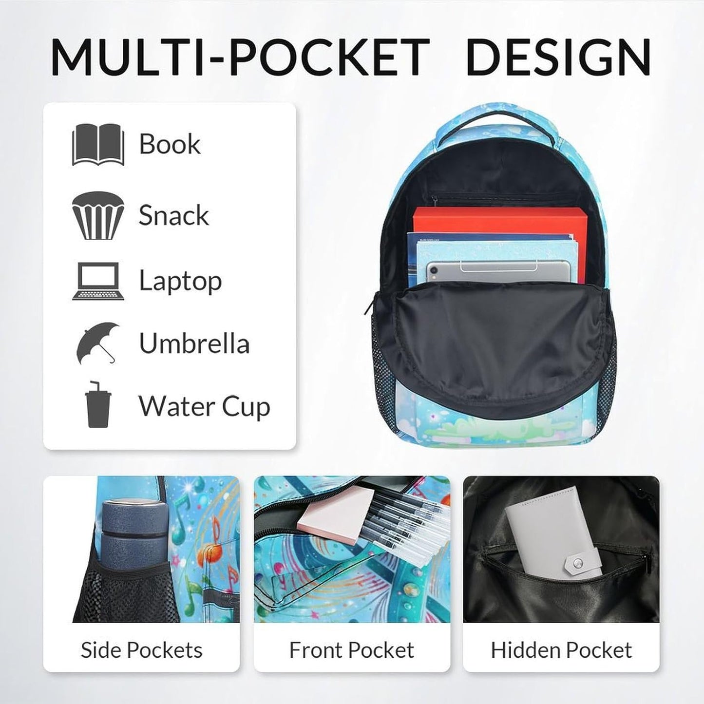 Backpack for Girls - School Bag for Kids & Music Lovers - School Back Pack with Large Capacity - 17 Inch Aesthetic Schoolbag for Primary Preschool