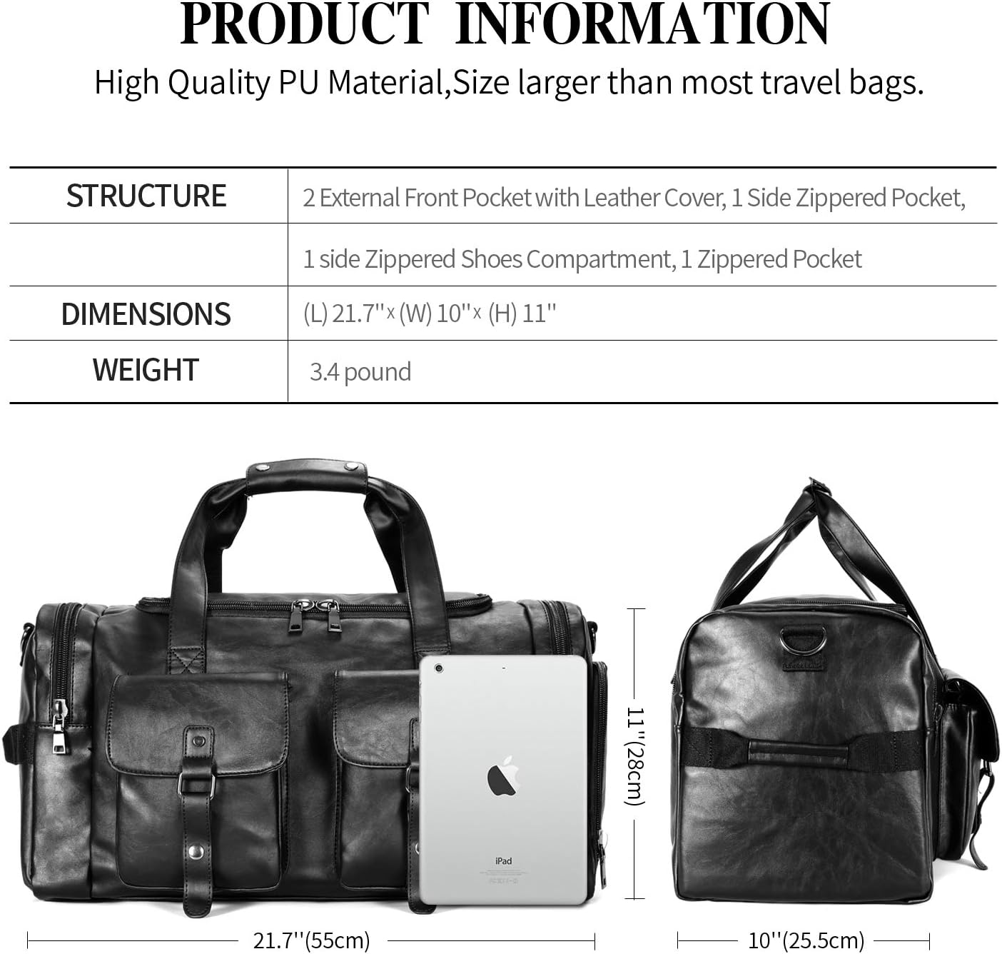 Zeroway Travel Duffel Bag with Shoe Pouch, PU leather Carry on Bag Weekender Overnight Bag for Men Women Black