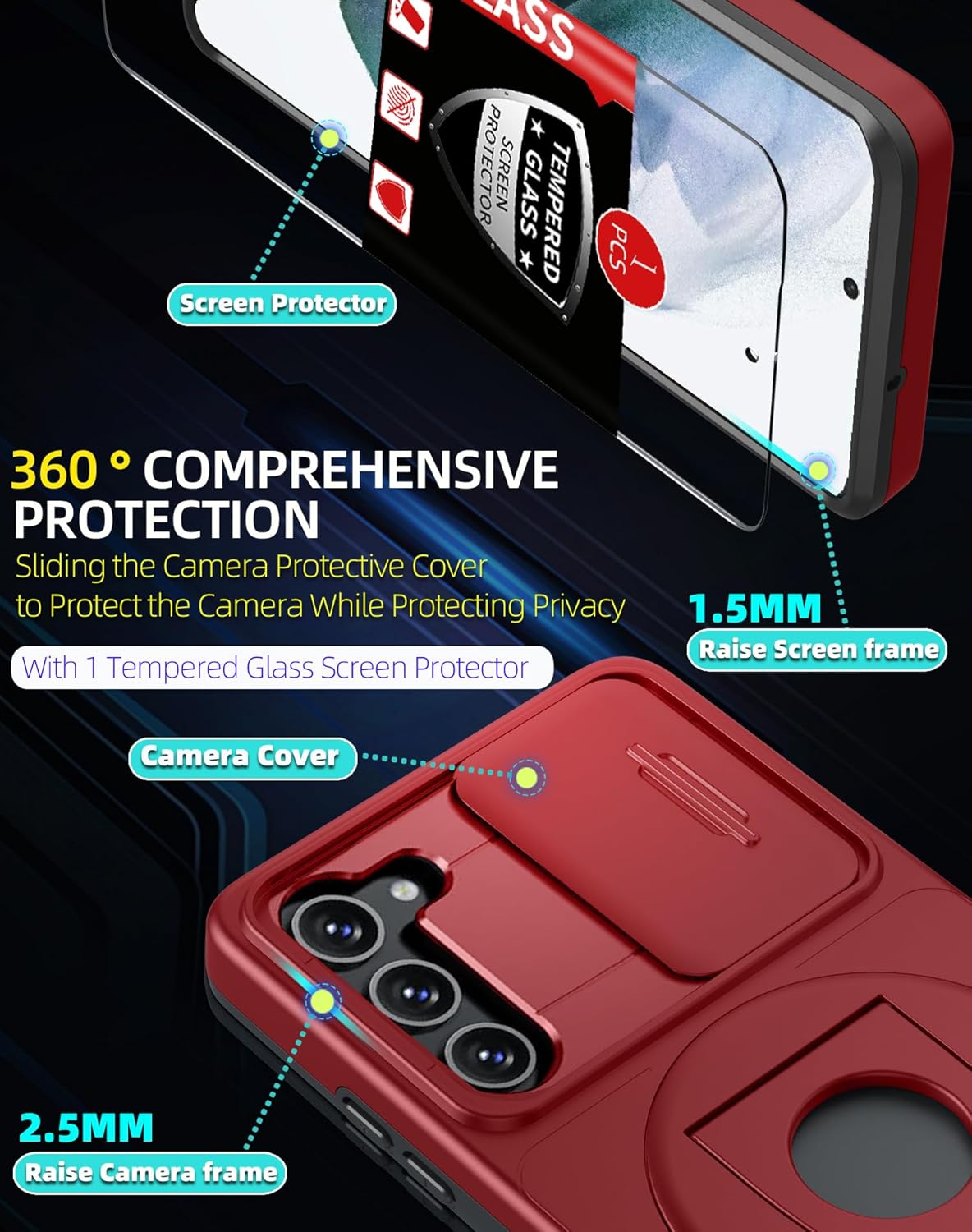 for Samsung Galaxy S21 Case Magnetic Compatible with MagSafe Wireless Charging,with Screen Protector,Built-in Kickstand Ring+Camera Cover Anti-Scratch Shockproof Heavy Duty Protection Red