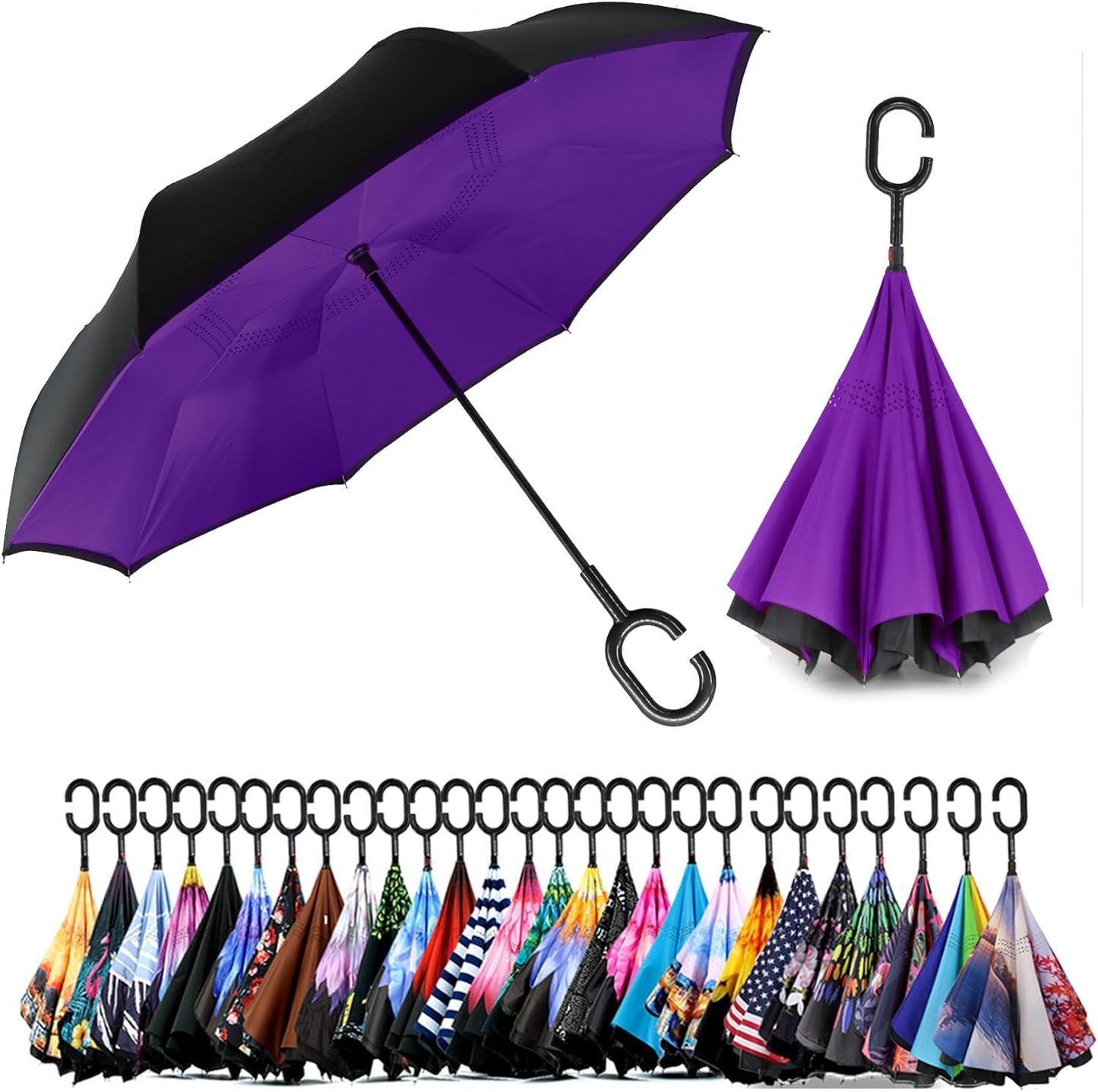 SIEPASA 49/56 Inch Inverted Reverse Upside Down Umbrella, Extra Large Double Canopy Vented Windproof Waterproof Stick Golf Umbrellas with C-shape Handle.