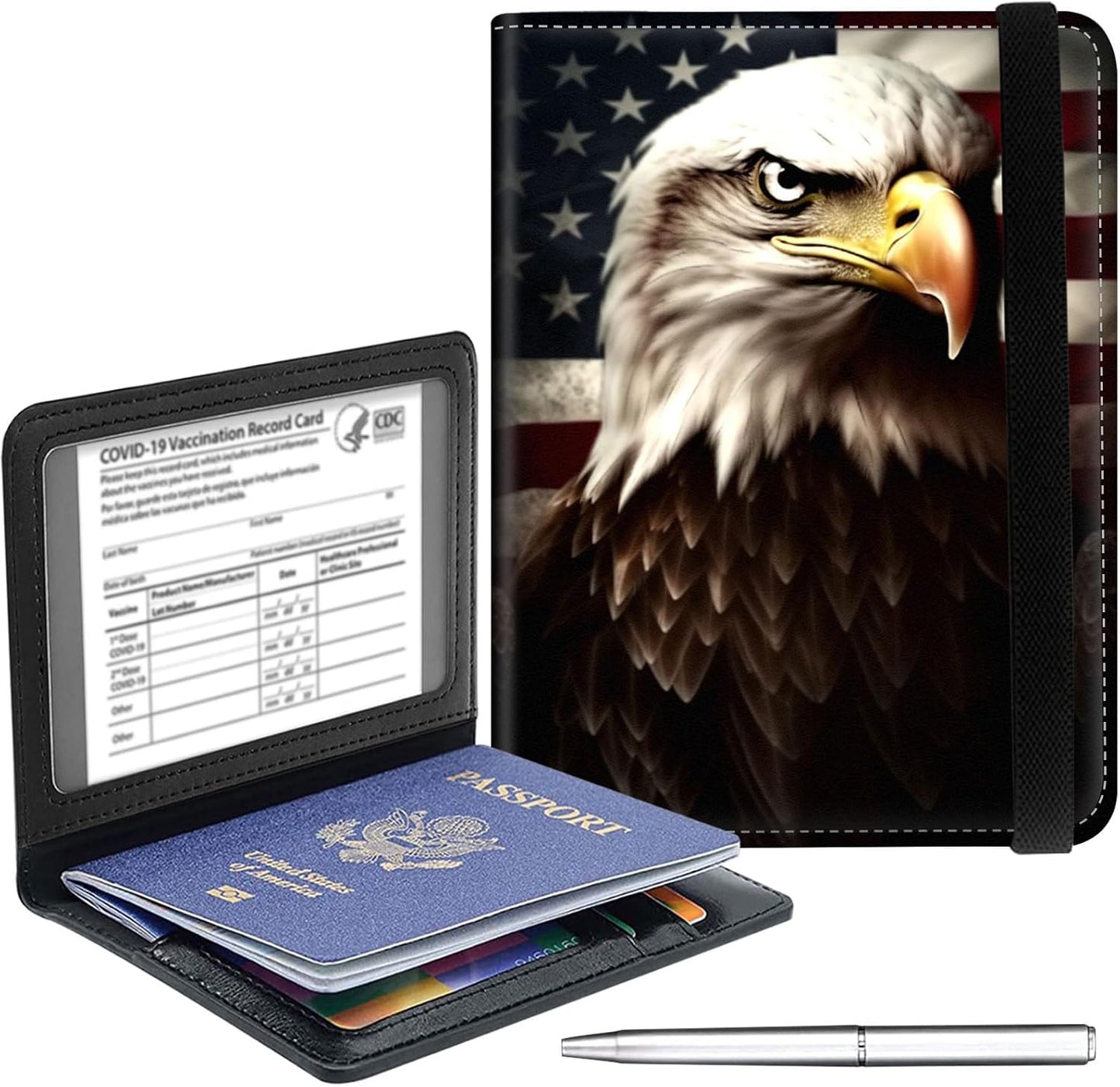 Passport Holder Cover Wallet Travel Essentials RFID Blocking Case Leather Passport Cover Wallet Vaccine Card Slot Organizer for Men Women, Flag Eagle