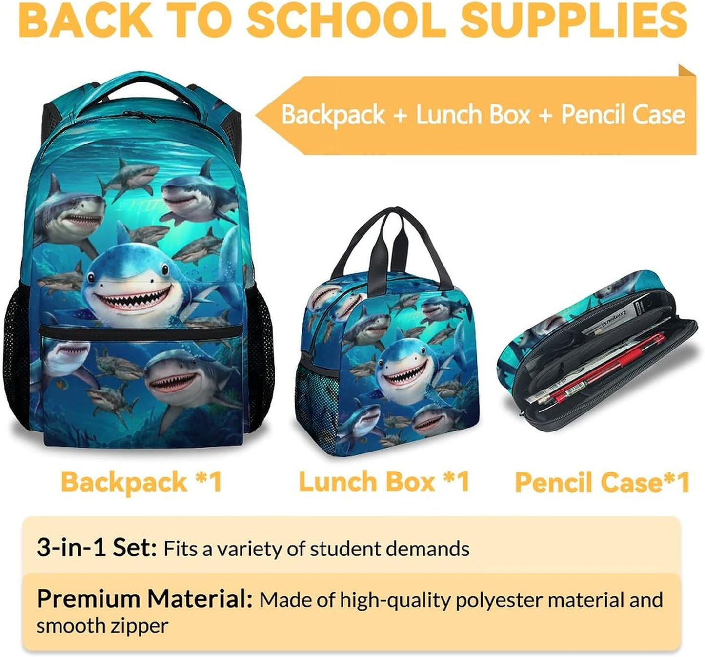 Shark Backpack with Lunch Box, Set of 3 School Backpacks Matching Combo, Cute Blue Bookbag and Pencil Case Bundle