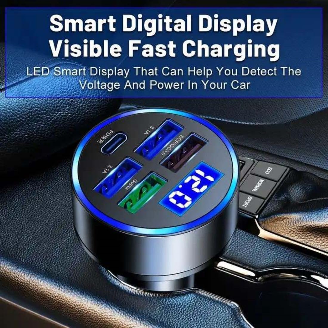 Car Charger 5 Port Cigarette Lighter USB Adapter LED Voltage Monitor (4USB+PD) Cigarette Lighter Adapter USB C Compatible with Android/iPhone and Tablets Devices
