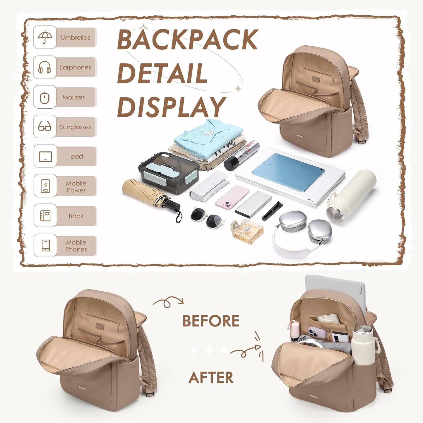 Laptop Backpack for Women,Casual Work Business Backpacks Purse Carry on Travel Backpack,17.3 Inch,Brown