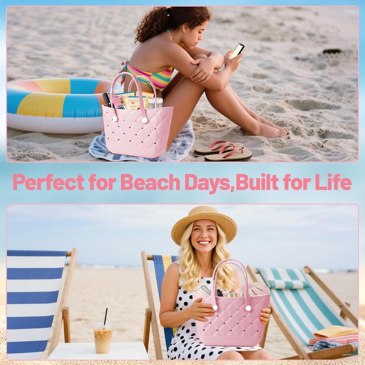 Large Waterproof Rubber Beach Bag for Women Lightweight Beach Tote For Beach Pool & Gym&Travel