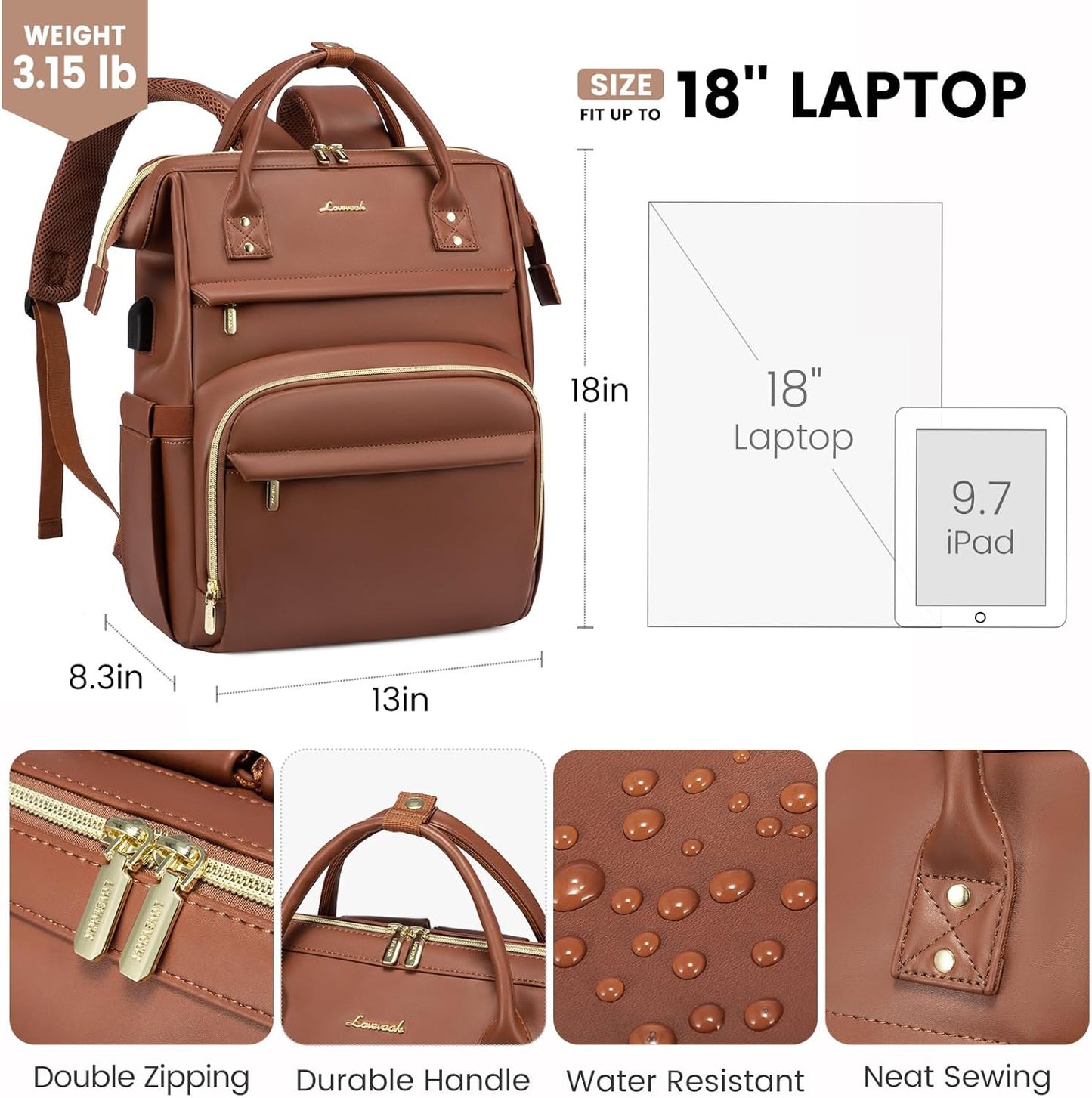 LOVEVOOK Leather Laptop Backpack for Women 18 inch,Travel Backpack Purse Nurse Teacher Backpack Computer Laptop Bag,Professional College Business Work Bags Carry On Backpack with USB Port,Brown