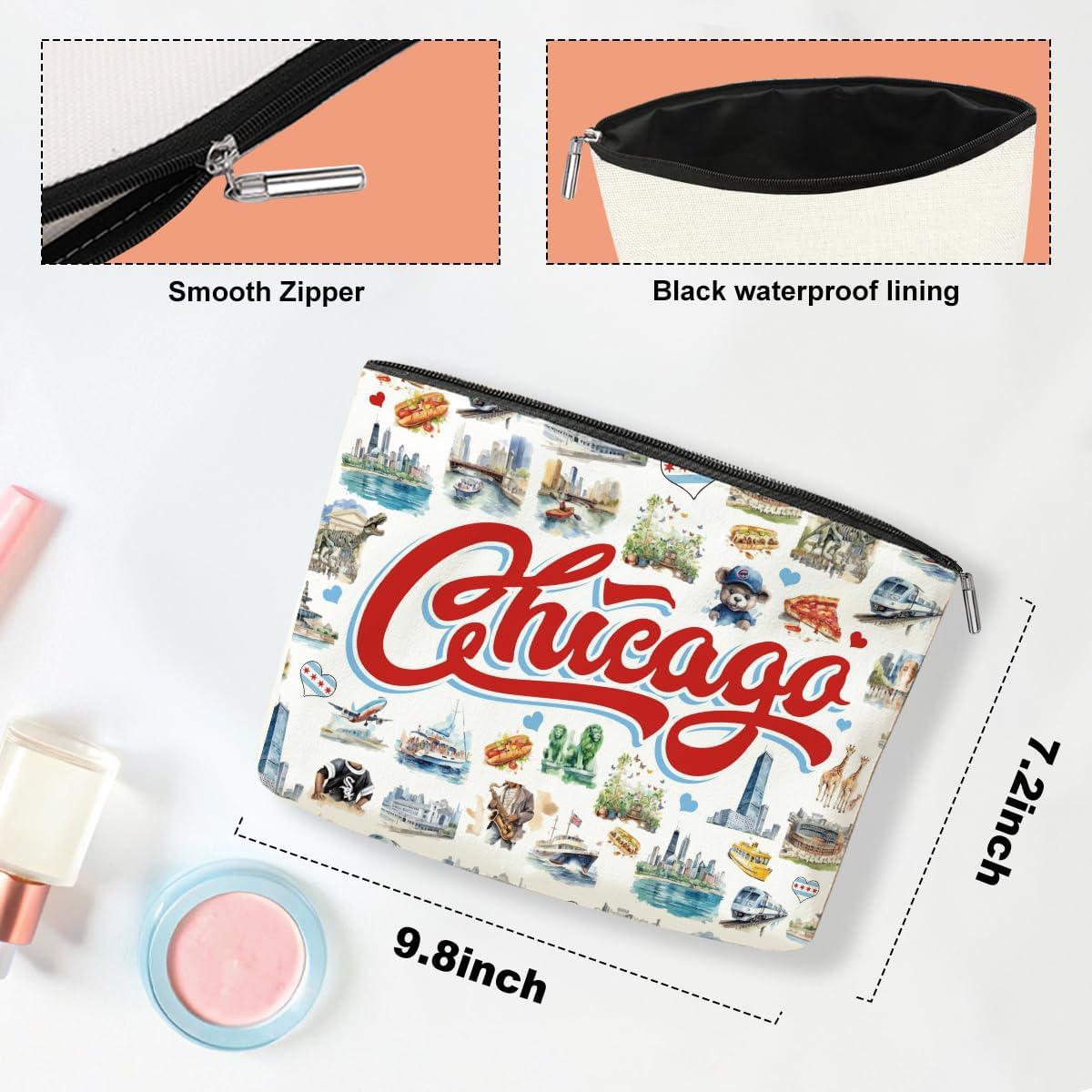 Chicago Souvenirs Chicago Gifts Makeup Bag Cosmetic Bag for Women Friend Lady Sister Bestie Chicago Travel Lover Weekend Bag Vacation Christmas Birthday Friendship