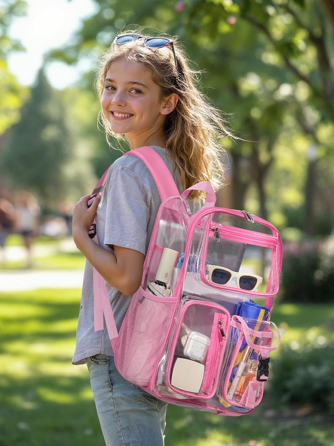Heavy Duty Clear Backpack For School, 17 Inch Large Clear Bookbag For Kids Boys Girls Women Men, 360° 3M Reflective Strips See Through Backpack, Multi-Pockets Tranparent Bag, College Work, Pink