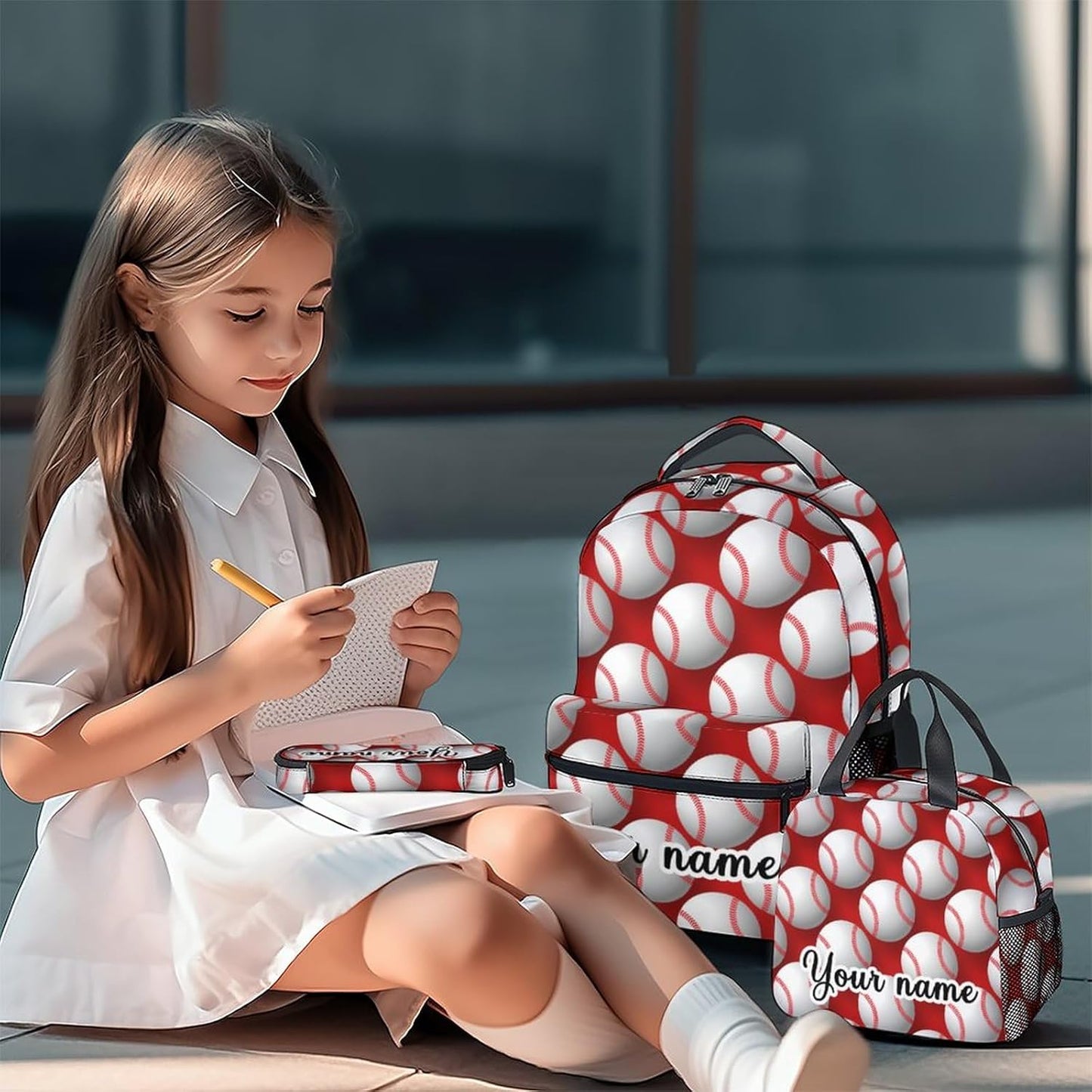 Personalized Baseball Backpack with Lunch Box Set for Boys, 3 in 1 School Backpacks Matching Combo, Sports White Bookbag and Pencil Case Bundle