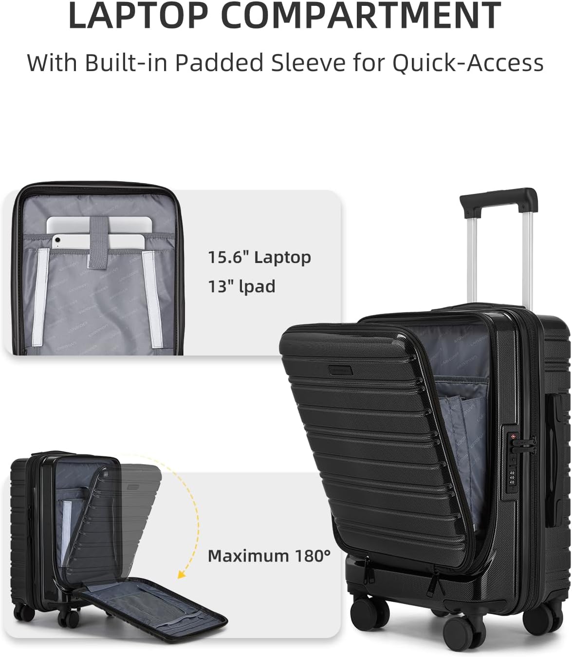 LARVENDER Carry On Luggage 22x14x9 Airline Approved, 20 Inch Expandable PC+ABS Hardside Carry On Luggage with Front Pocket Spinner Wheels TSA Lock for Women Men (Black)