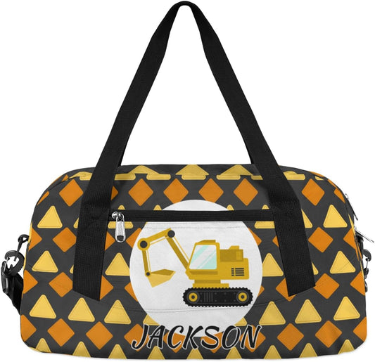 Excavator Car Custom Name Kids Overnight Duffel Bags Boys Cool Truck Personalized Sport Gym Bag Customized Duffel Bag for Travel Weekender Practice Gymnastics