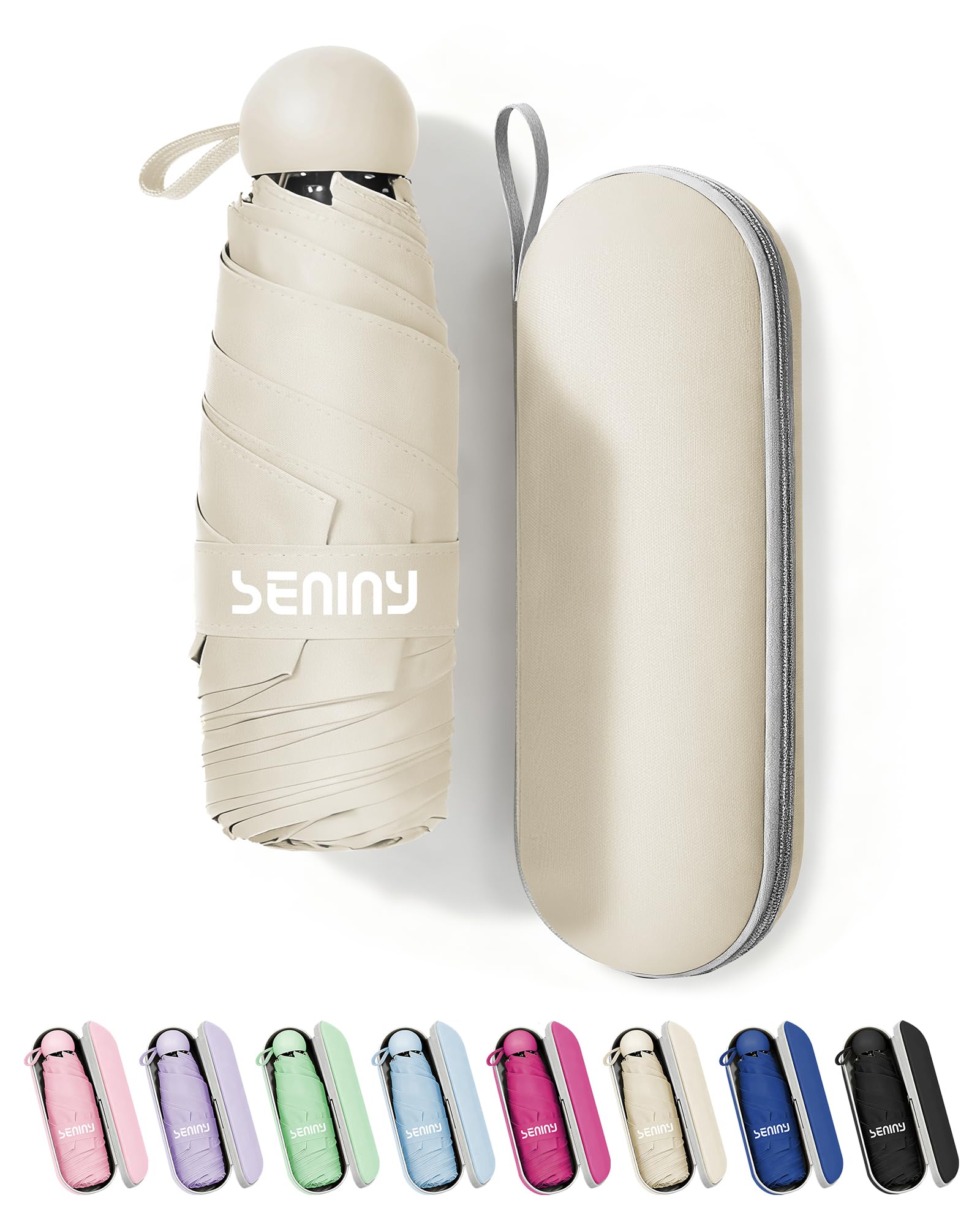 Seniny Mini Travel Umbrella with Case, Compact Pocket Size UV Sun & Rain