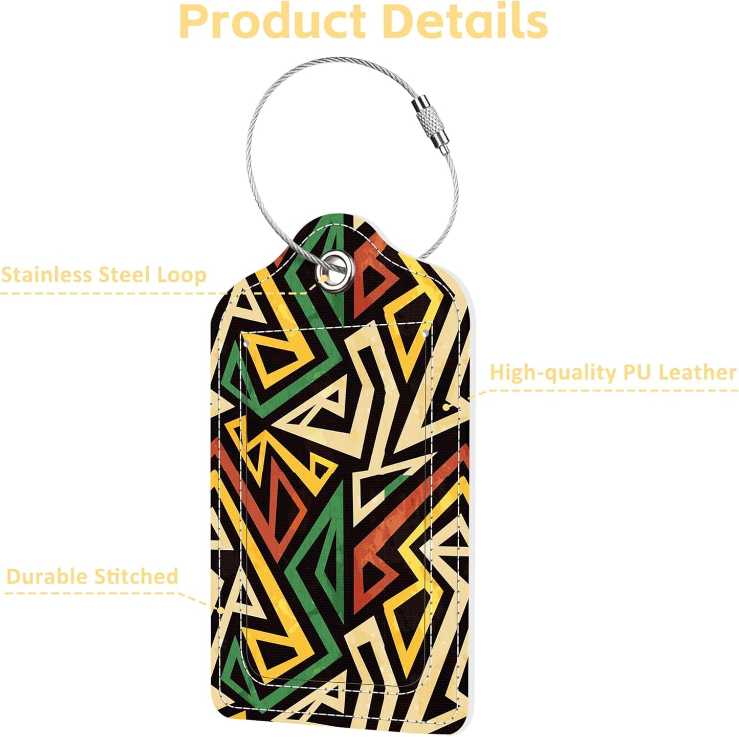 Set of 2 Luggage Tags Geometric Pattern with Grunge Effect Leather Suitcases Tag with Privacy Cover Stainless Steel Loop and Address Card for Women Men Travel