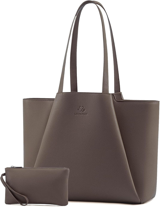 LOVEVOOK Laptop Tote for Women - 15.6 Inch Faux Leather Laptop Bag with Clutch, Large Capacity Office Purse Computer Briefcase for Casual Business Travel,Dark Khaki