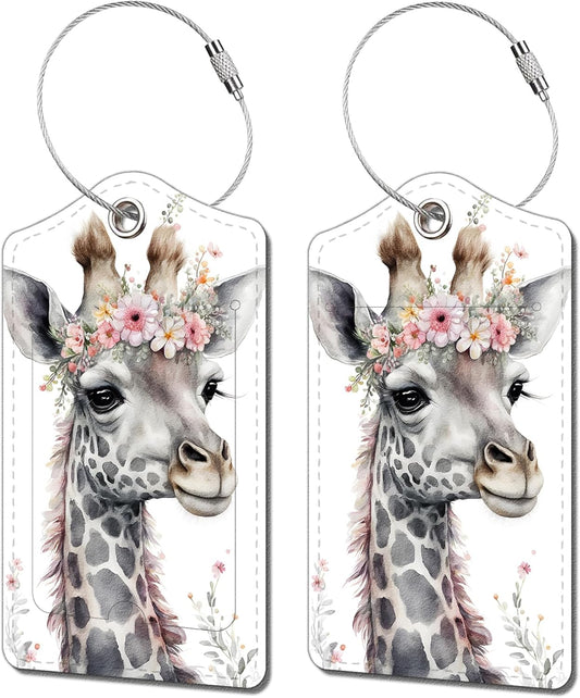 2 Pack Luggage Tag for Suitcase, Cute Unique Leather Bag Tags Identifiers Privacy Cover ID Label with Durable Steel Loop for Women Men Kids Girls Travel，GiraffeE