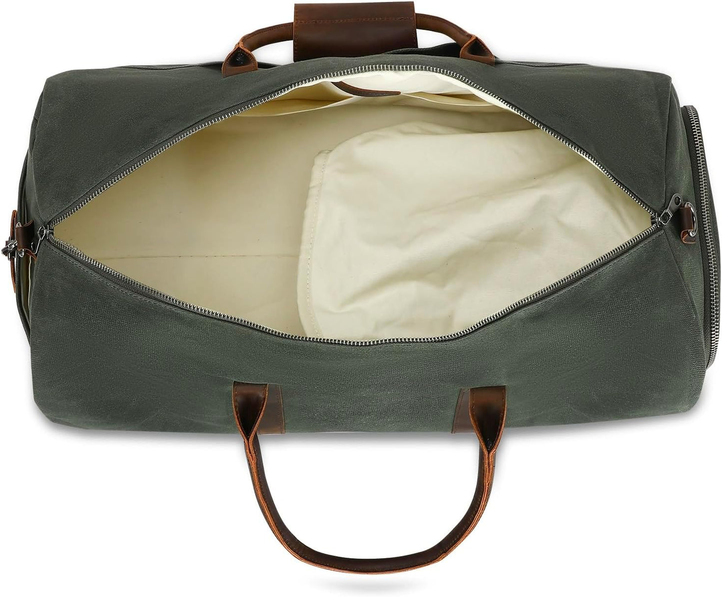 Waxed Canvas Weekender Duffle Bag, Vintage Style Travel Bag with Leather Trim, Army Green (Forest Green)